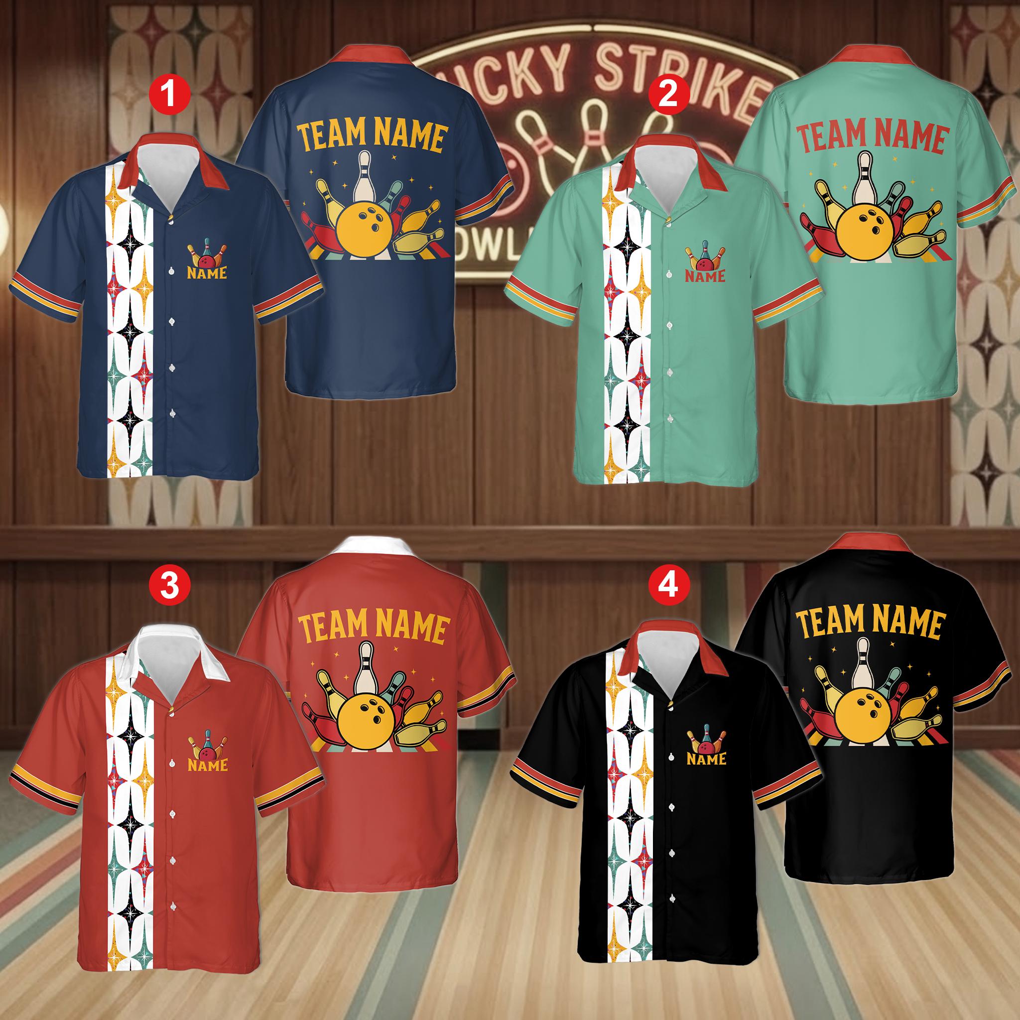 Personalized Retro Starbust Bowling Hawaiian Shirt, Custom Name Bowler Shirt for Men Women, Matching Bowling Team Button Shirt