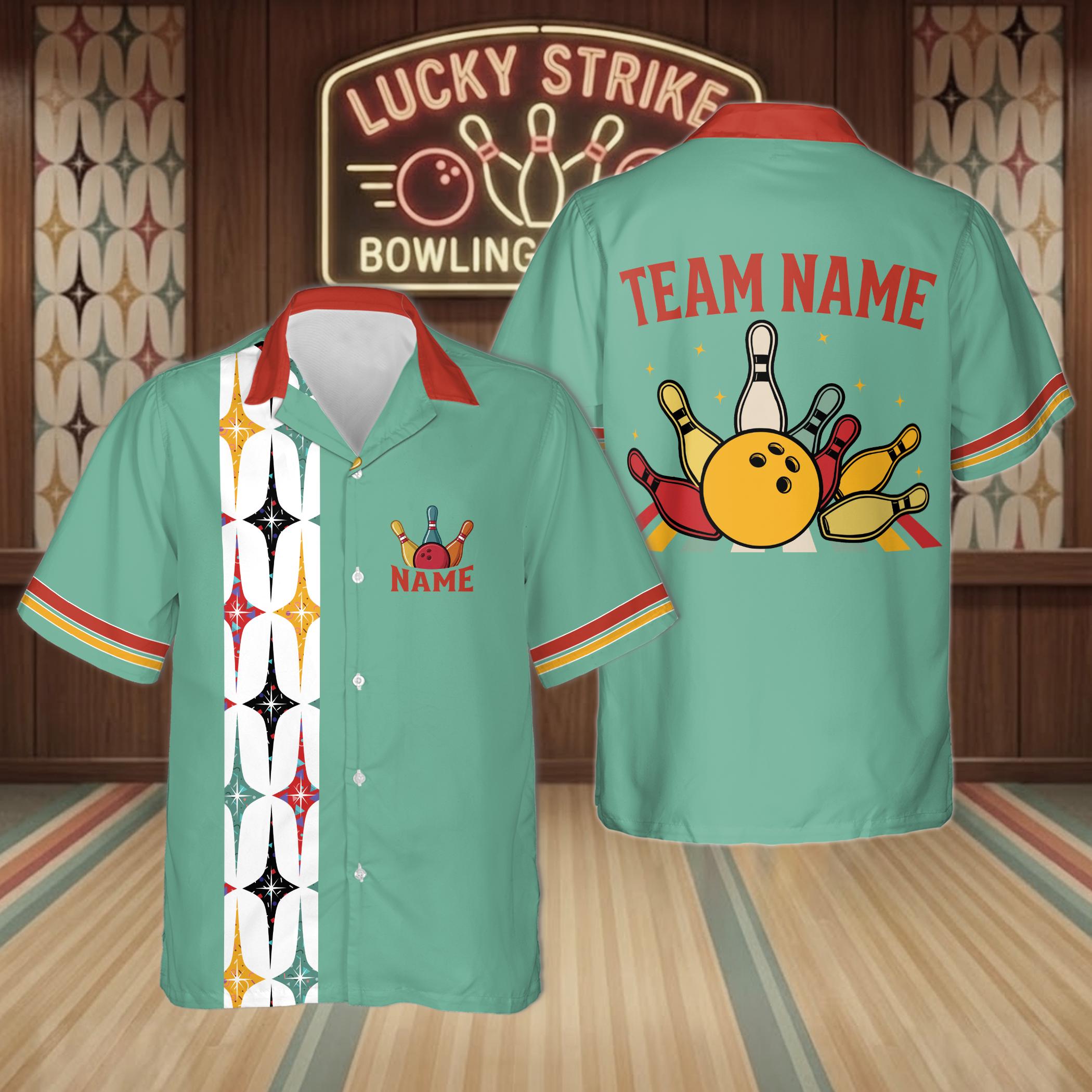 Personalized Retro Starbust Bowling Hawaiian Shirt, Custom Name Bowler Shirt for Men Women, Matching Bowling Team Button Shirt
