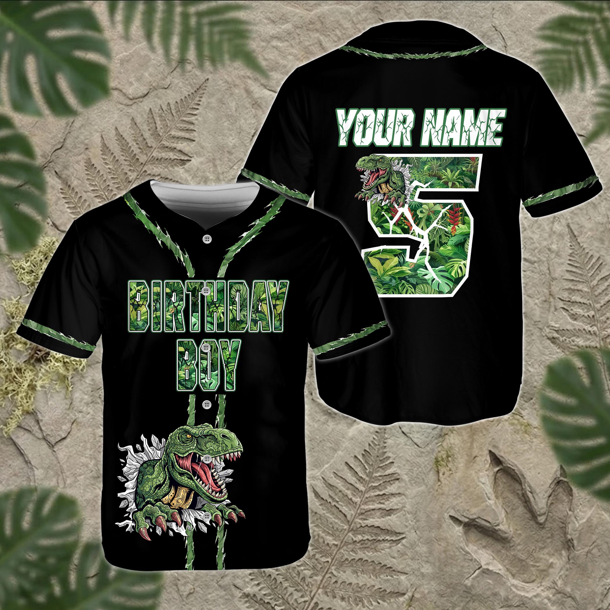 Personalized T-rex Birthday Boy Baseball Jersey, Tropical Jungle Themed Shirt for Boy Toddler, Custom Name Number Dinosaur Bday Party Outfit