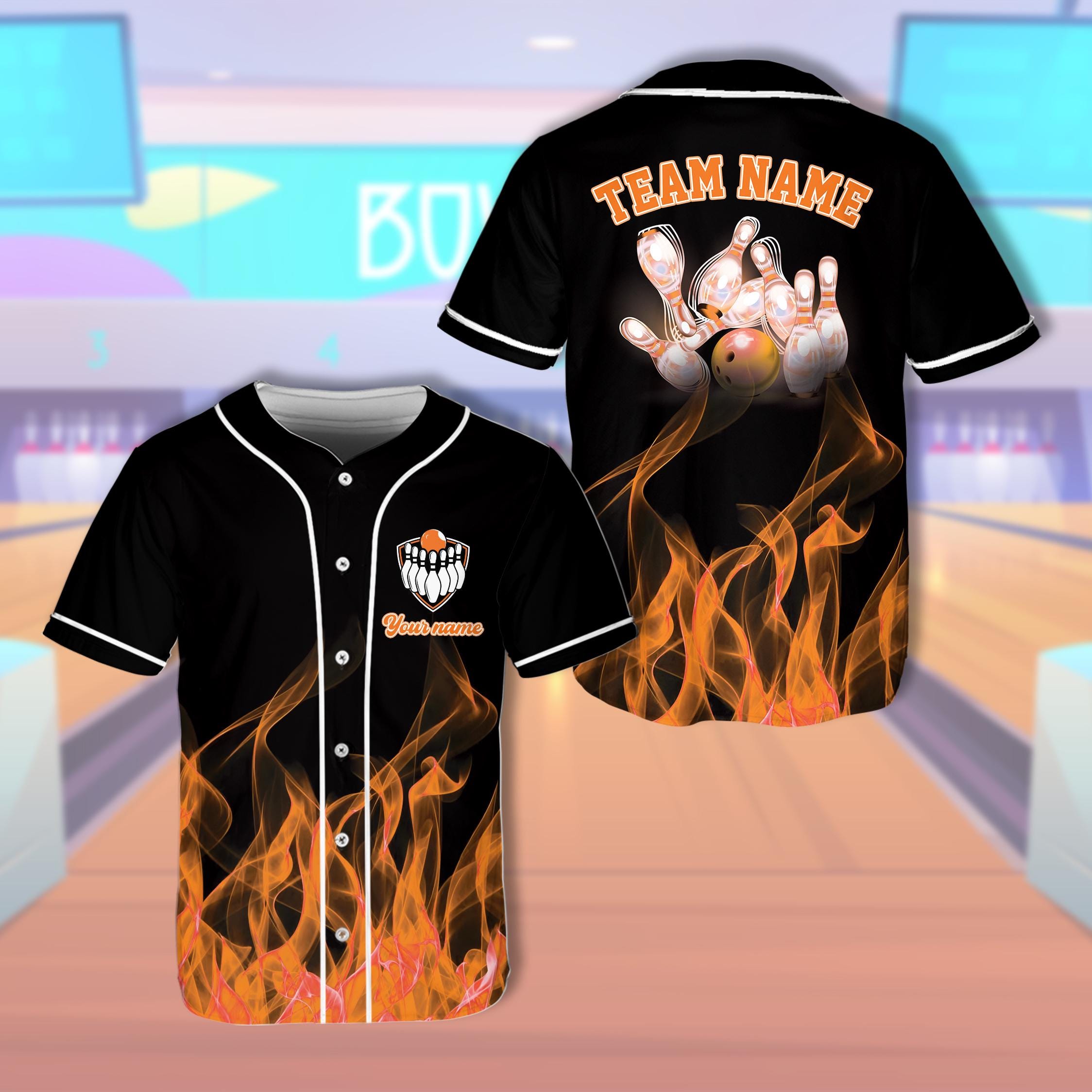 Personalized Flaming Fire Bowling Team Baseball Jersey, Custom Name Bowler Button Shirt, Matching Bowling Squad Shirt, Bowling Team Gift