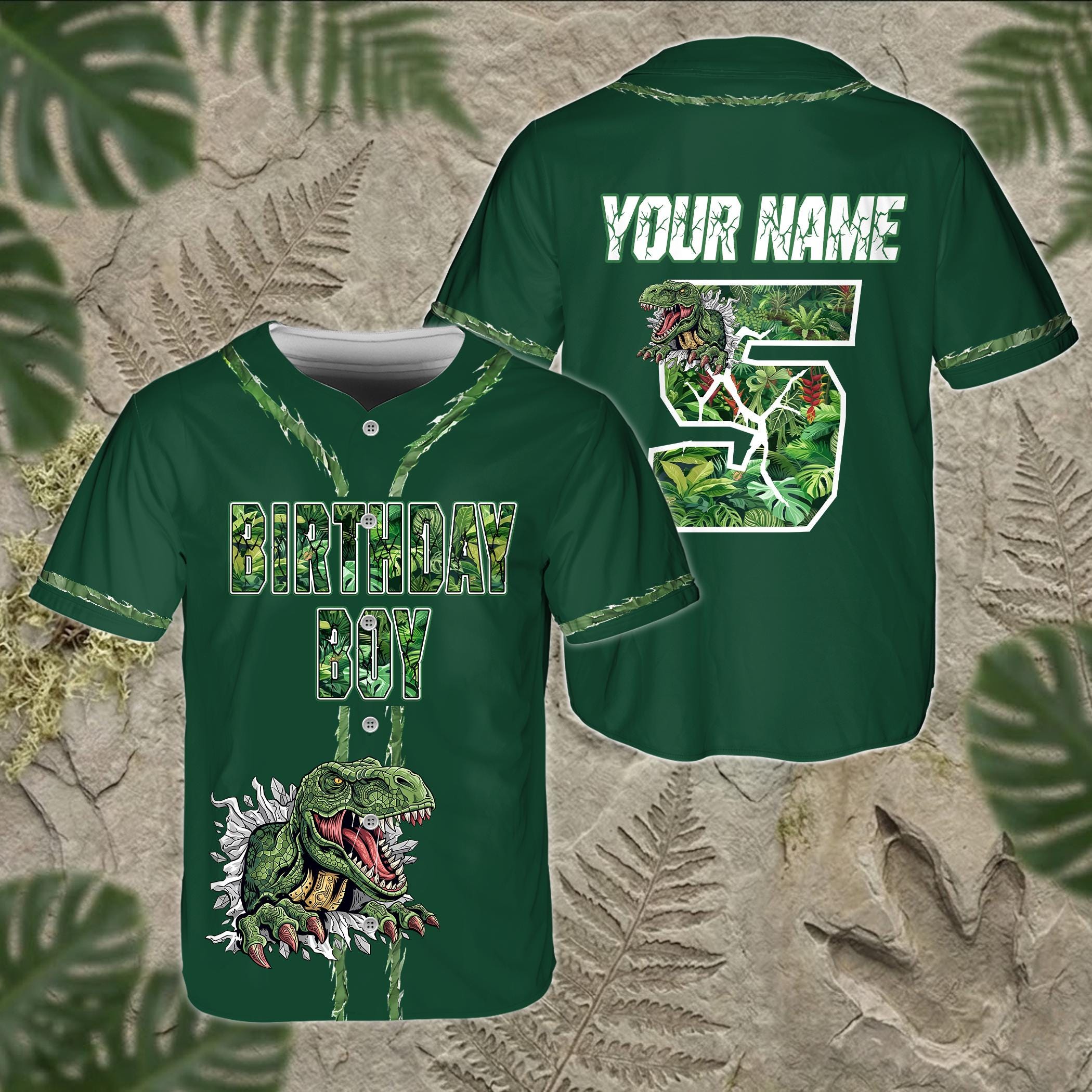 Personalized T-rex Birthday Boy Baseball Jersey, Tropical Jungle Themed Shirt for Boy Toddler, Custom Name Number Dinosaur Bday Party Outfit