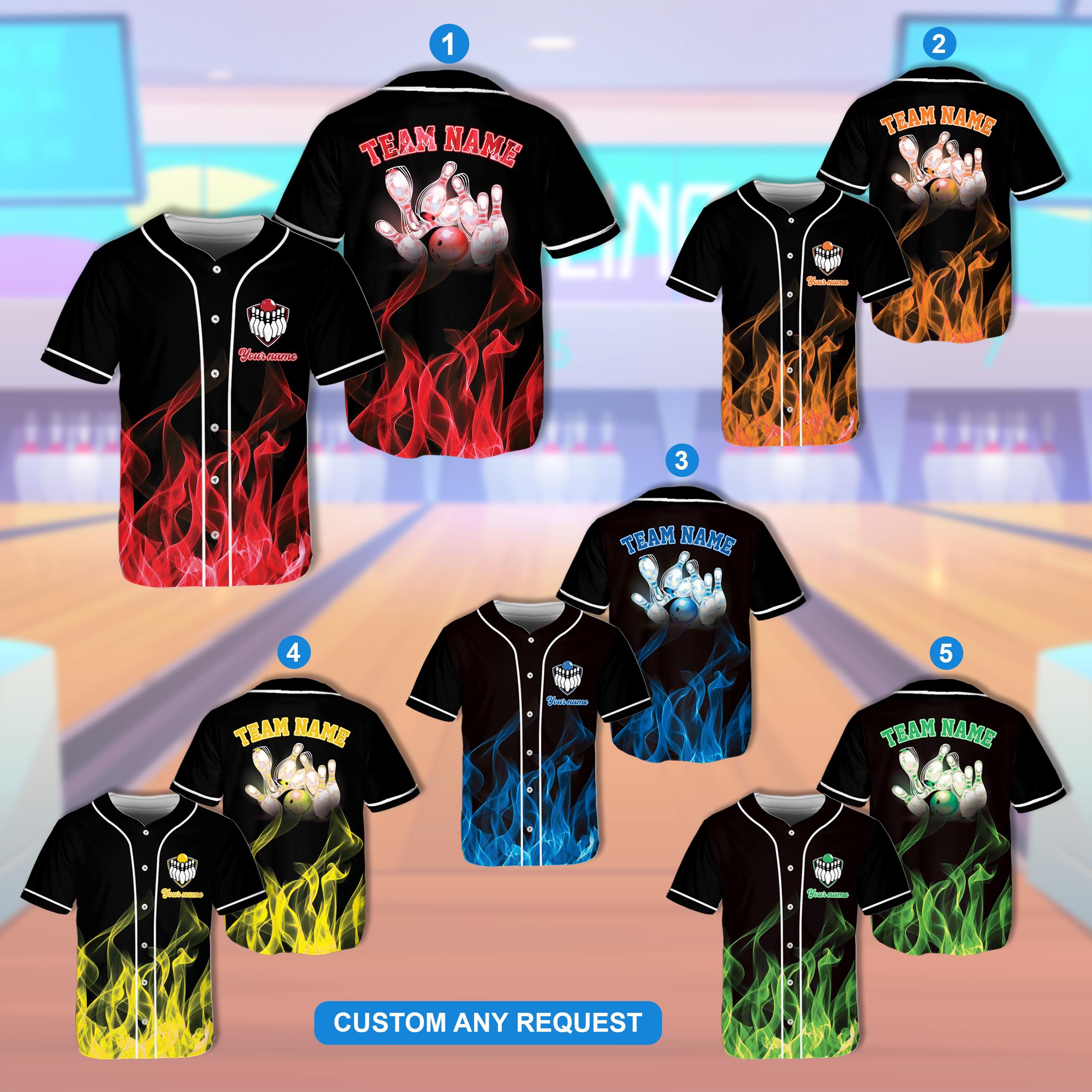 Personalized Flaming Fire Bowling Team Baseball Jersey, Custom Name Bowler Button Shirt, Matching Bowling Squad Shirt, Bowling Team Gift